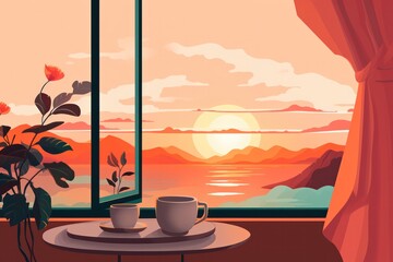 morning coffee with sunrise view flat illustration and sea view on vacation
