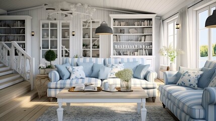 Interior design, living room decor and house improvement, furniture, sofa, home decor, white and blue textiles, country cottage lounge 