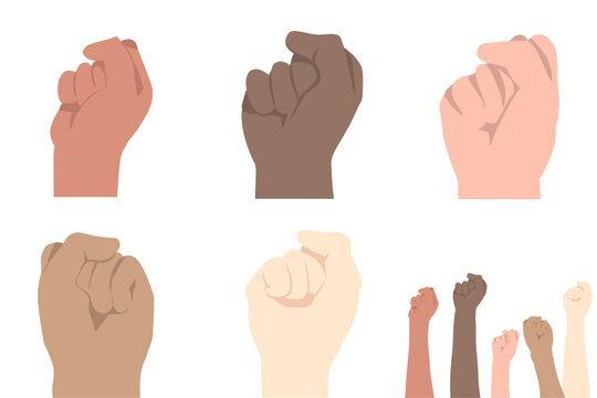 set of hand gestures fist raised up vector illustration Concept of protest, equality, fight for human rights. Stop racism peace harmany cooperation group different races skincolor