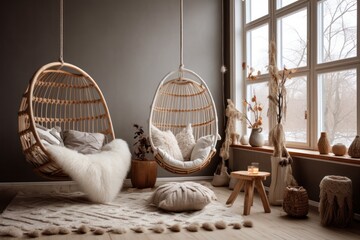 interior of white beige boho scandinavian room with swings, rug, decorated with macrame details and big window