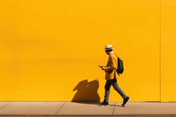 Foto op Canvas guy texting on mobile phone walking past yellow wall in the city © Dina