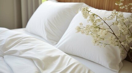 Premium white linens made from sustainable organic fabrics. Comfort and quality for restful sleep. 3D rendering 