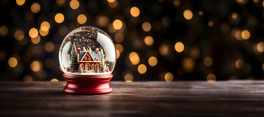 Christmas magic glass snow globe with a red house and Christmas tree inside on a wooden table. Holiday background with Christmas lights