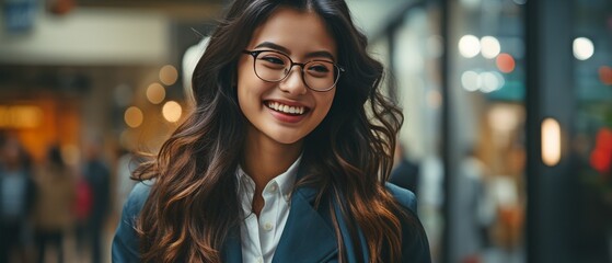 Obraz premium A busy, content Asian businesswoman is strolling down a major city street with her mobile in her hands. .