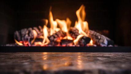 Empty table stone marble with blurred burning firewood in the fireplace background. High quality photo