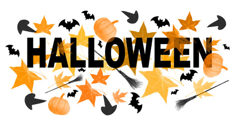 Halloween word, title with bats, pumpkins, witch hats and brooms. Also leaves.