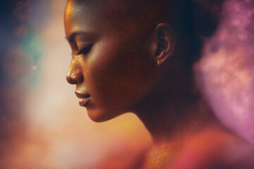 Close-up of a black woman face and colorful surroundings