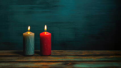 Fototapeta na wymiar Burning two candles on dark green wooden background. Copy space for your text. High quality photo