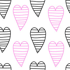 Hearts doodle seamless pattern. Modern hand-drawn endless background for Valentines day with stripes and dots. Textured romantic love vector illustration