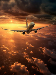 Fototapeta na wymiar Airplane flying in the sky at sunset. 3d illustration.