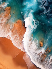  Aerial view of ocean waves on sandy beach. Nature composition