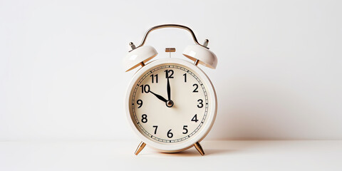Retro alarm clock on white uniform background. Time to work or get up concept. Generative AI