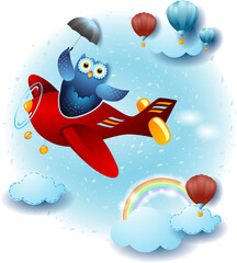 Sky landscape with funny owl and airplane, vector illustration esp10