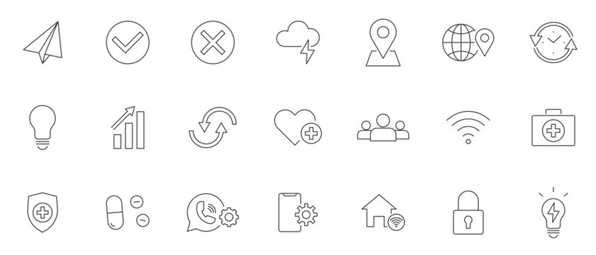 simple line of icon sheet. business, electric, network, medical and more. editable stroke set. vector illustration.