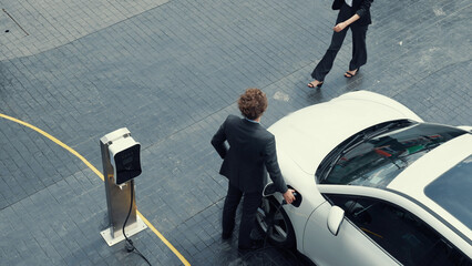 Progressive businessman and businesswoman leaning on electric car connected to charging station...
