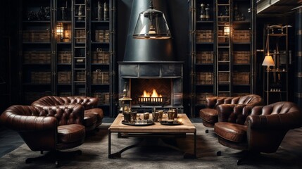 A private outdoor whiskey lounge with leather armchairs and a curated selection. - obrazy, fototapety, plakaty