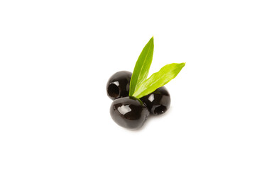Tasty black olives with leaves isolated on white background. Fresh fruit olives on a white background.