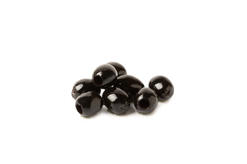 Tasty black olives with leaves isolated on white background. Fresh fruit olives on a white background.