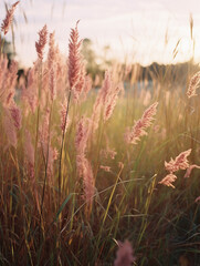 Pampas grass flowers in the field at sunset
