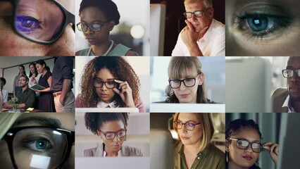 Business, people and busy with work in collage, frames or grid in virtual meeting. Team, video call and international employees online reading or planning on conference in office and workplace