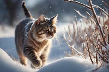 Naklejka na ściany i meble Getigerte braune Katze läuft draußen im Schnee . Katze auf der Jagd im Winter . KI Generated