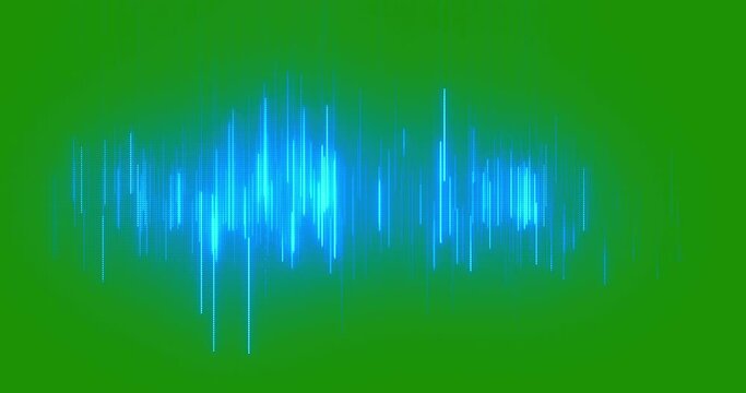 blue digital equalizer audio spectrum sound waves on chroma key green screen background, stereo sound effect signal with vertical lines