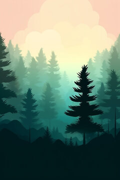 Foggy forest background with coniferous trees. Vector illustration. © Samira