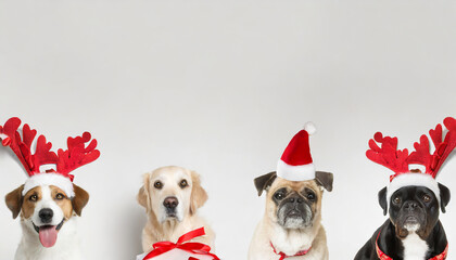 Banner dogs celebrating christmas holidays wearing a red santa claus hat with copyspace. Ai generate. 