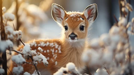 Rolgordijnen Baby deer in winter. Generative Ai © Vika art