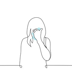 woman with a napkin in her hand blows nose - one line art vector. concept runny nose, sneezing, cough