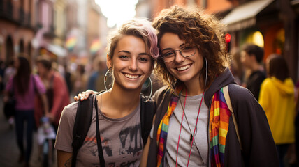 Two young cute women girlfriends at a love parade - obrazy, fototapety, plakaty