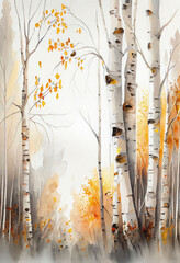 Autumn forest, digital watercolor painting. Autumn landscape in watercolor style. Birch trees, white tree trunks, fall colors.