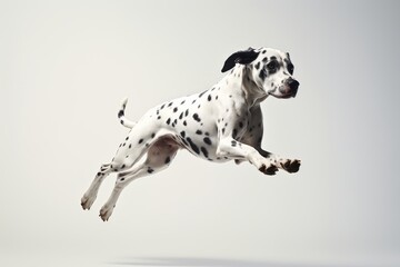 Photo of a playful Dalmatian in a joyful leap on a pristine white surface. Generative AI