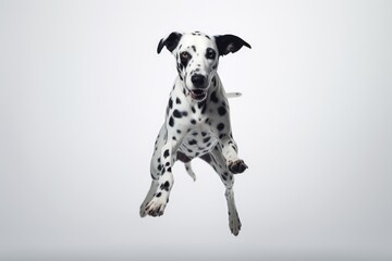 Photo of a playful Dalmatian in a joyful leap on a pristine white surface. Generative AI