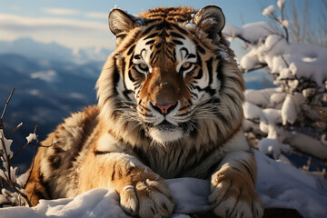 Fototapeta na wymiar A contemplative Siberian Tiger resting by a tranquil mountain lake, the first light of dawn breaking through the clouds, Generative Ai