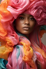 A model with a satin head wrap in a high fashion pose. High Fashion in Satin and Silk - obrazy, fototapety, plakaty