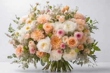 A large bouquet of flowers is beautifully arranged and a white background