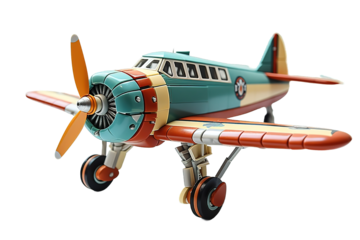 Vintage old yellow blue fighter plane toy isolated PNG Background. Generative Ai.
