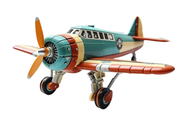 Zelfklevend Fotobehang Oud vliegtuig Vintage old yellow blue fighter plane toy isolated PNG Background. Generative Ai.