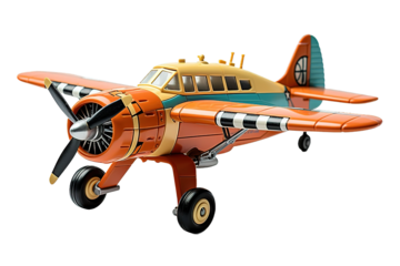 Vintage old yellow blue fighter plane toy isolated PNG Background. Generative Ai.