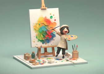A 3D composition of joy, showing a cheerful artist painting a masterpiece in a studio,