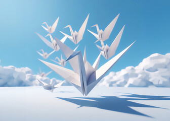 A 3D composition of peace, with white origami cranes, flying in a blue sky