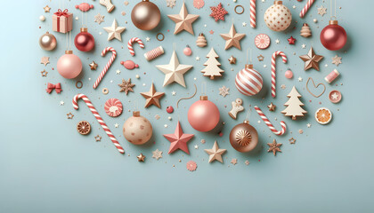 Minimal background with scattered flat-style Christmas ornaments
