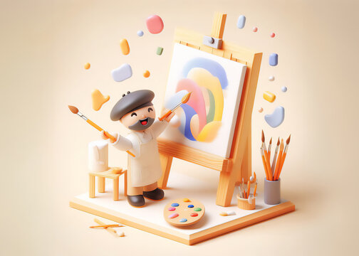A 3D composition of joy, showing a cheerful artist painting a masterpiece in a studio,