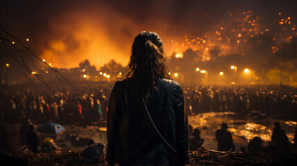 Back view crowd of people goes a humanitarian disaster zone.