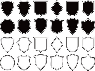 Set of outline badge shape. Line art style. Security, football patches isolated on white background. Black outlined heraldic Coat of arms silhouette. Protection and security symbol, label.	