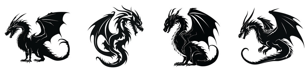 Set of illustrations depicting dragon silhouette figures, isolated on a transparent background.