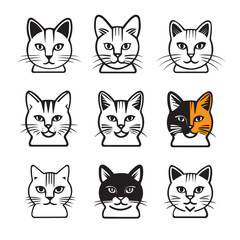Obraz na płótnie Canvas Cute cartoon cat icon set, funny vector icons. Black, orange and white set. Sketch style cat characters faces.