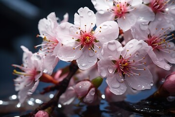 Close-Up Wet Cherry Blossom Tree in Full Bloom