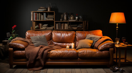 Brown leather sofa.
